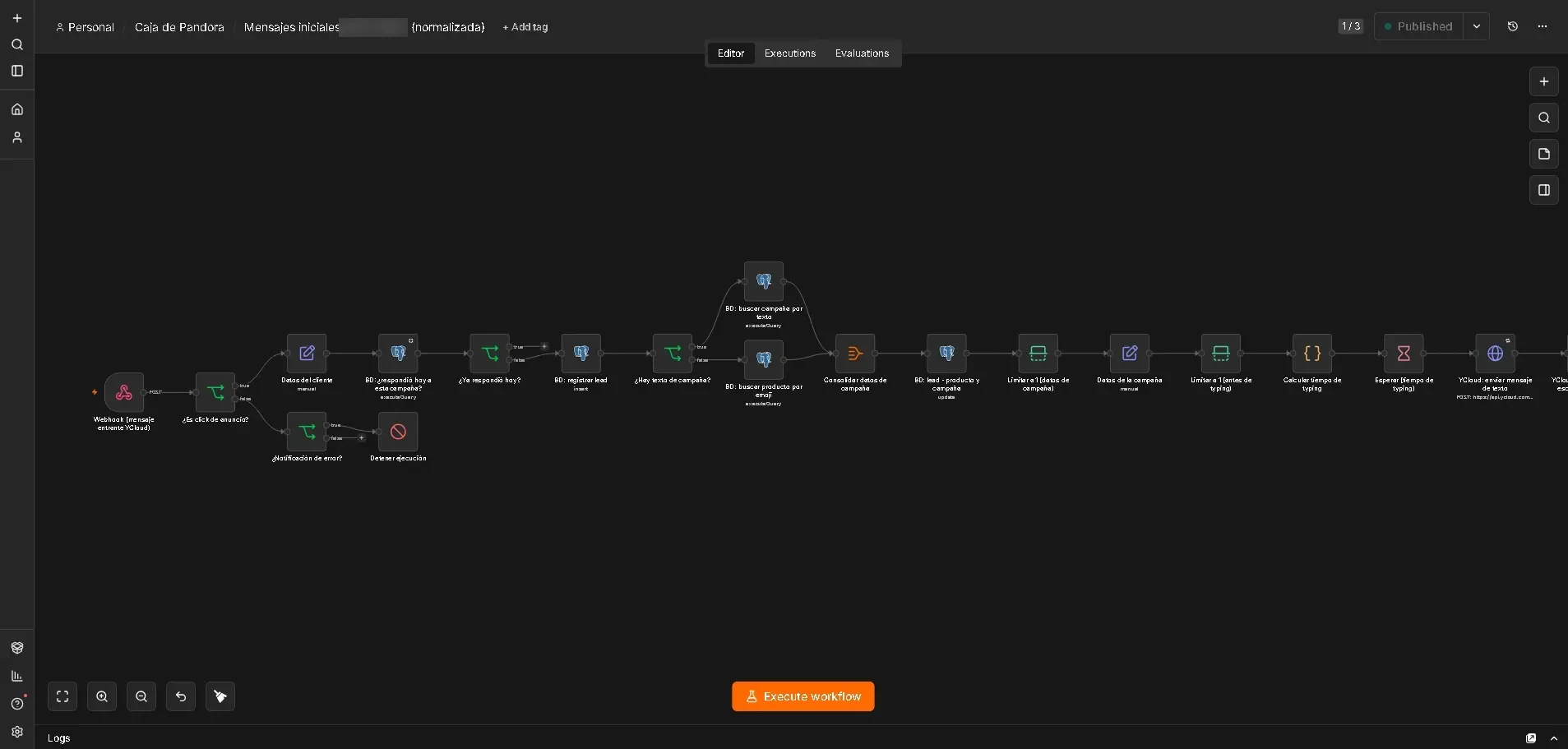 Flujo de automatización en n8n: desde el webhook del mensaje entrante hasta el envío de la respuesta, pasando por la identificación de campaña, el registro del lead y el cálculo del tiempo de escritura.